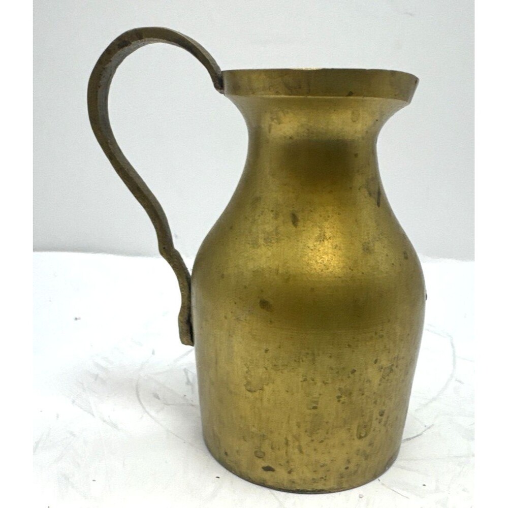 Mini 3.5 In Tall Solid Brass Water Pitcher Jug Handle Rustic Patina